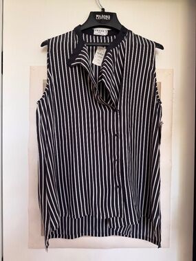 NWT FRAME 100% Silk Classic Stripe Sleeveless Blouse Navy - L